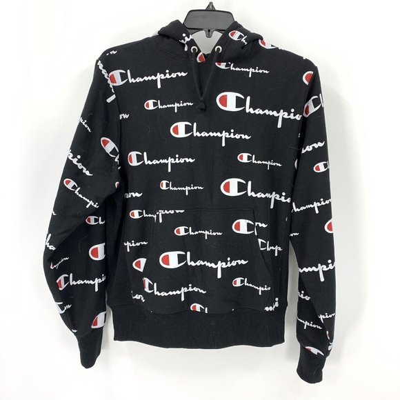 Chamption Other - Champion Black Hooded Sweatshirt All Over Spell Out Print Reverse Weave Mens M